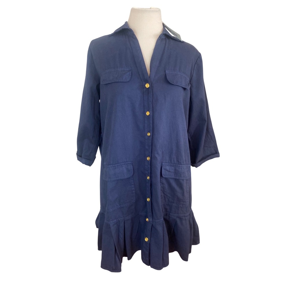 NWT Speed Limit MPH shirt dress Navy‎ Blue Button Down Ruffle Hem